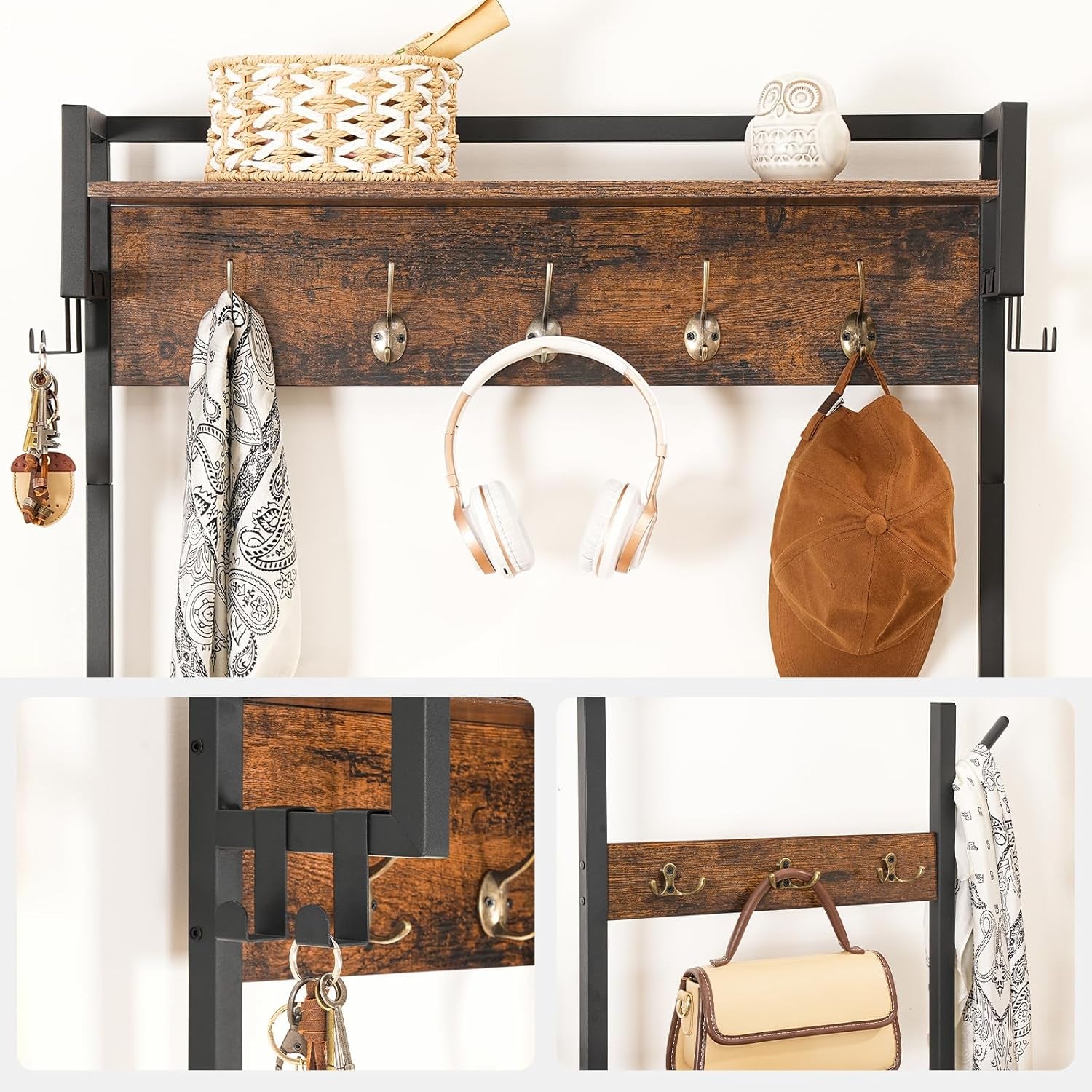 Hall Tree with Bench, Entryway Bench with Coat Rack, Shoe and Coat Rack for Entryway, Coat Rack with Shoe Storage and Reversible Storage Shelves, Rustic Brown BF105MT01