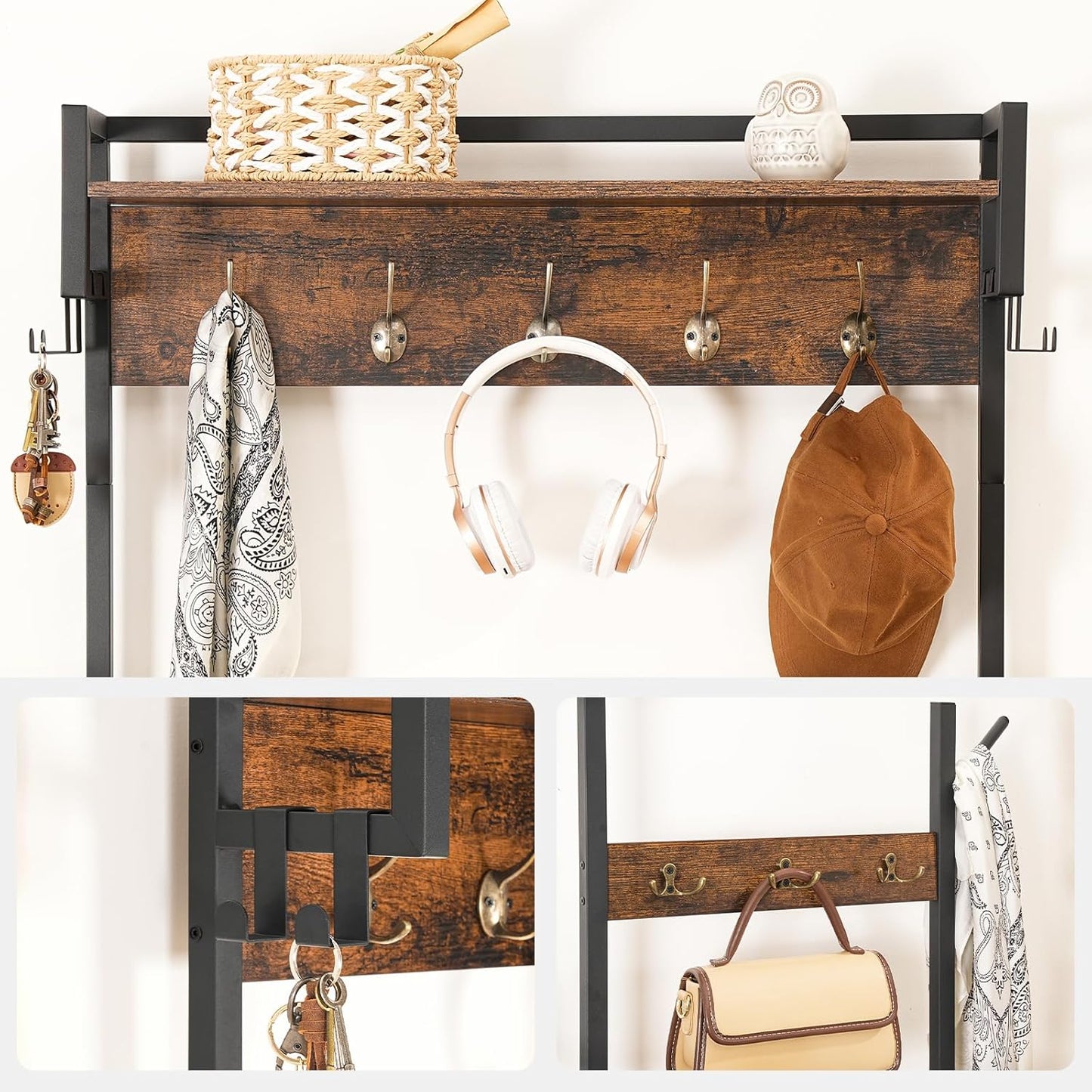 Hall Tree, Entryway Coat Rack Shoe Bench, Shoe and Coat Rack for Entryway, Hall Tree Coat Rack, with Non-Woven Fabric Drawer, for Entrance, Foyer, Rustic Brown and Black BF113MT01