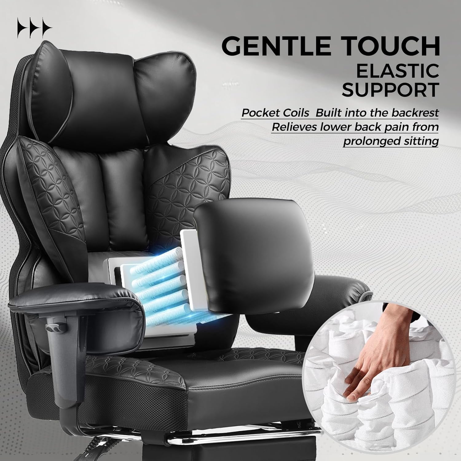 Big and Tall Office Chair Heavy Duty Wide Ergonomic Gaming Chair with Deluxe Embossing Designed Leather with Foot Rest,150°Reclining Adjustable Armrests Pocket Spring Back Support and Pillow