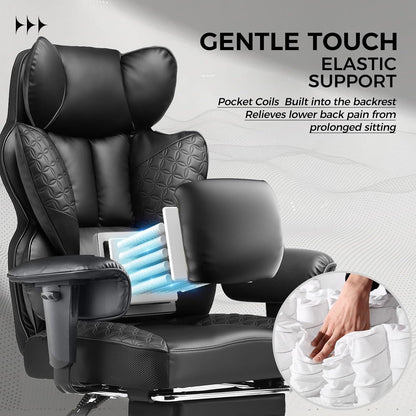 Big and Tall Office Chair Heavy Duty Wide Ergonomic Gaming Chair with Deluxe Embossing Designed Leather with Foot Rest,150°Reclining Adjustable Armrests Pocket Spring Back Support and Pillow
