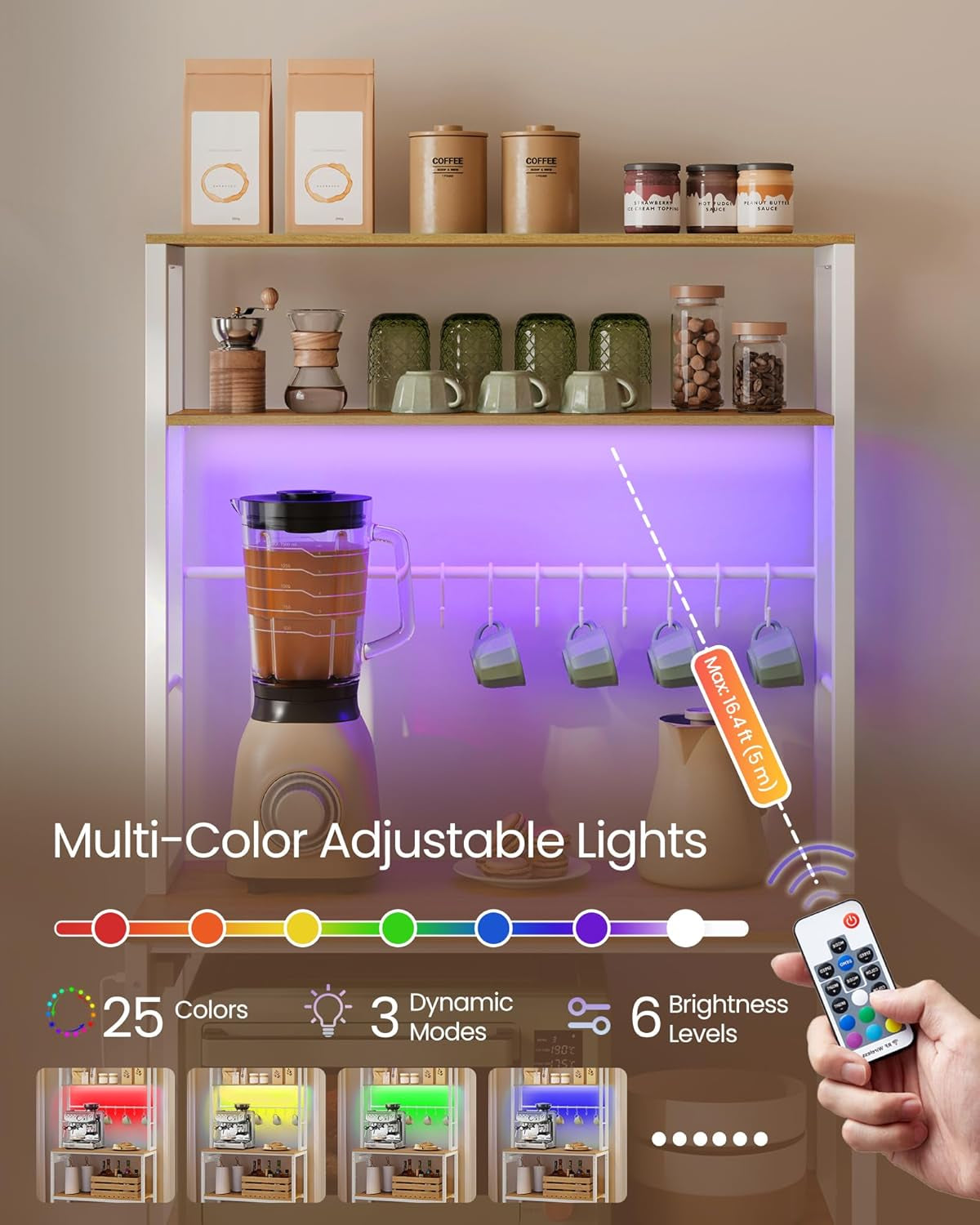 Coffee Bar with LED Lights, Kitchen Bakers Rack with Power Outlet, Microwave Stand with Adjustable Shelves, 8 Hooks, 15.7 X 31.5 X 65.7 Inches, Golden Oak and Matte White UKKS050Y01