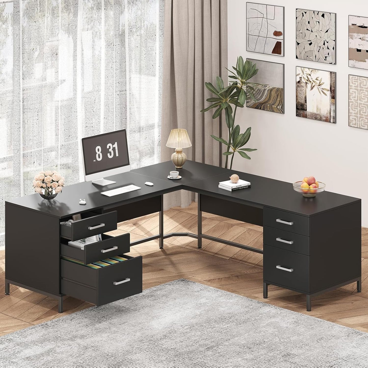 59’‘ L Shaped Desk with 6 Wood Drawers, Large Home Office Corner Computer Desk with Storage File Cabinet, Modern Metal Wood Desk for Executive Writing Study Workstation, Black