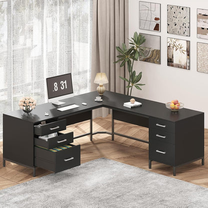 59’‘ L Shaped Desk with 6 Wood Drawers, Large Home Office Corner Computer Desk with Storage File Cabinet, Modern Metal Wood Desk for Executive Writing Study Workstation, Black