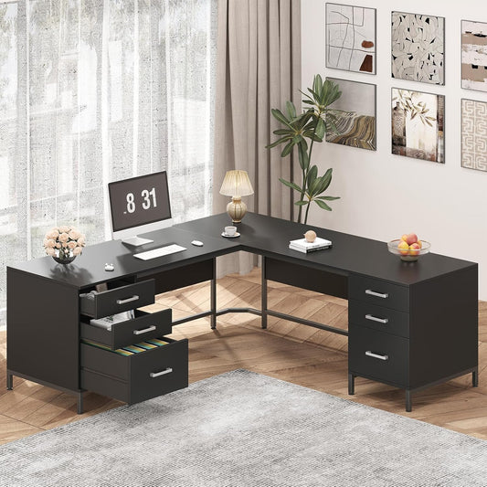 59’‘ L Shaped Desk with 6 Wood Drawers, Large Home Office Corner Computer Desk with Storage File Cabinet, Modern Metal Wood Desk for Executive Writing Study Workstation, Black