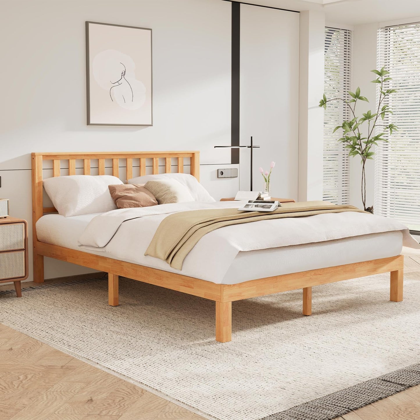 Queen Bed Frame with Headboard, Wood Platform Bed Frame, Farmhouse Style Bed Frame Queen Size with Slats Support, Malaysian Oak, No Box Spring Needed, Easy Assembly, Rustic Pine