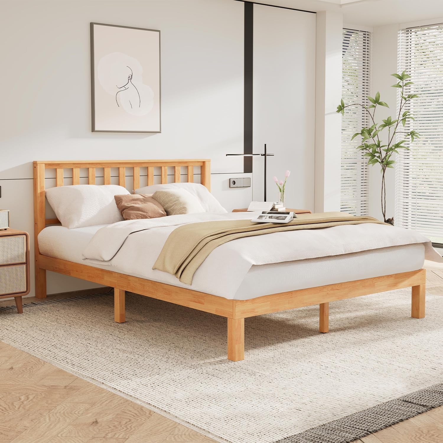 Queen Bed Frame with Headboard, Wood Platform Bed Frame, Farmhouse Style Bed Frame Queen Size with Slats Support, Malaysian Oak, No Box Spring Needed, Easy Assembly, Rustic Pine