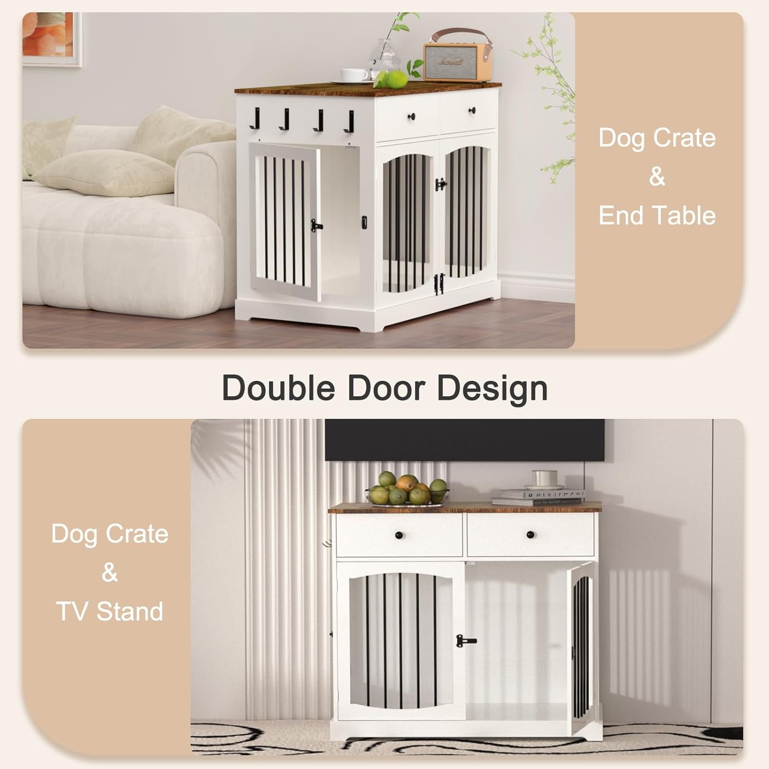 40 Inch Dog Crate Furniture-Farmhouse Dog Kennel with Drawers-End Table Wooden Pet Crate, Double Door Design, Decorative Dog House Indoor for Small Medium Large Dog, White