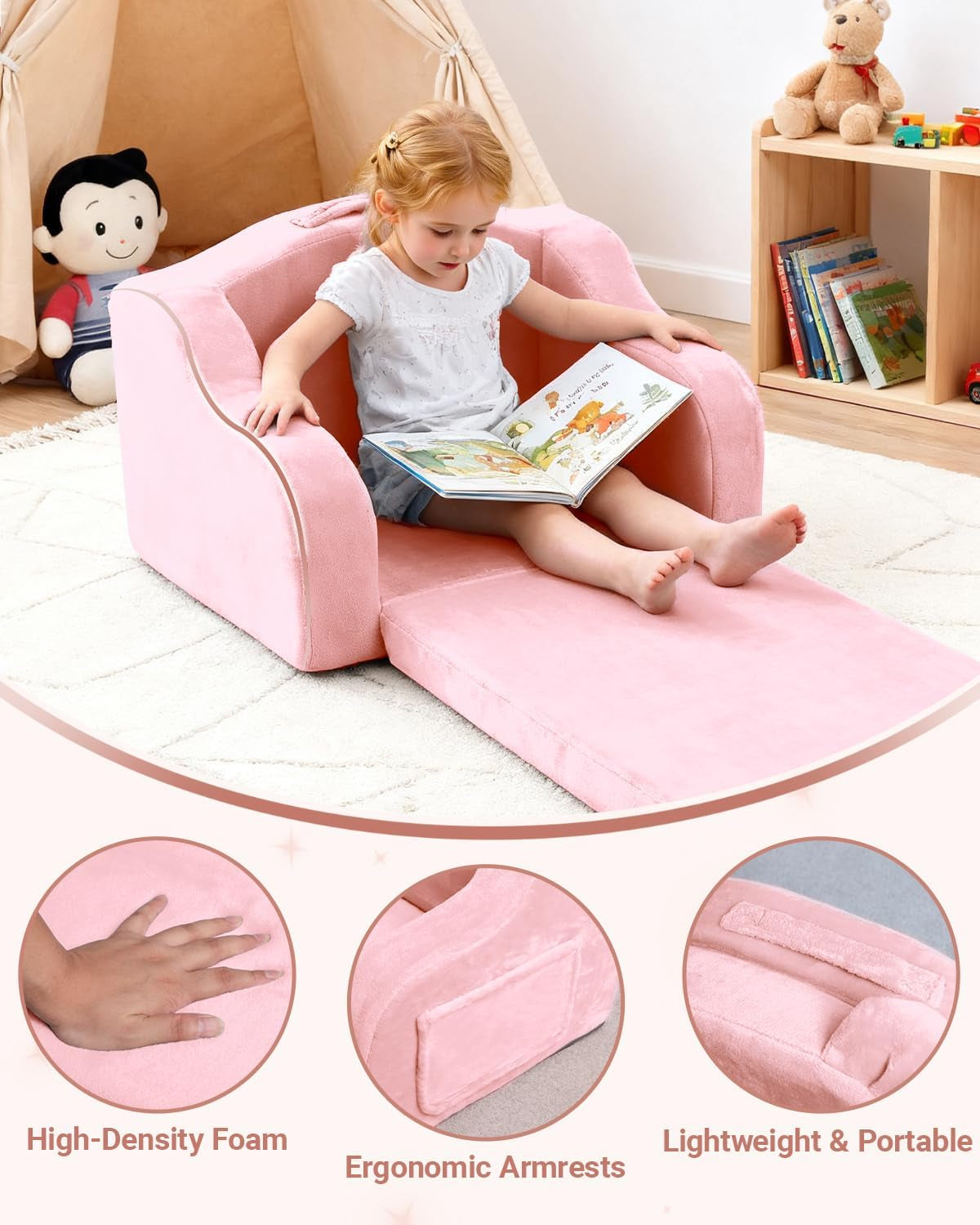 Kids Couch,Toddler Chairs Comfy 1-3 Years Old, 2-In-1 Soft Toddler Couches Fold Out,Convertible Sofa to Lounger for Girls and Boys,Cuddly Kids Floor Furniture for Playroom,Pink Bear