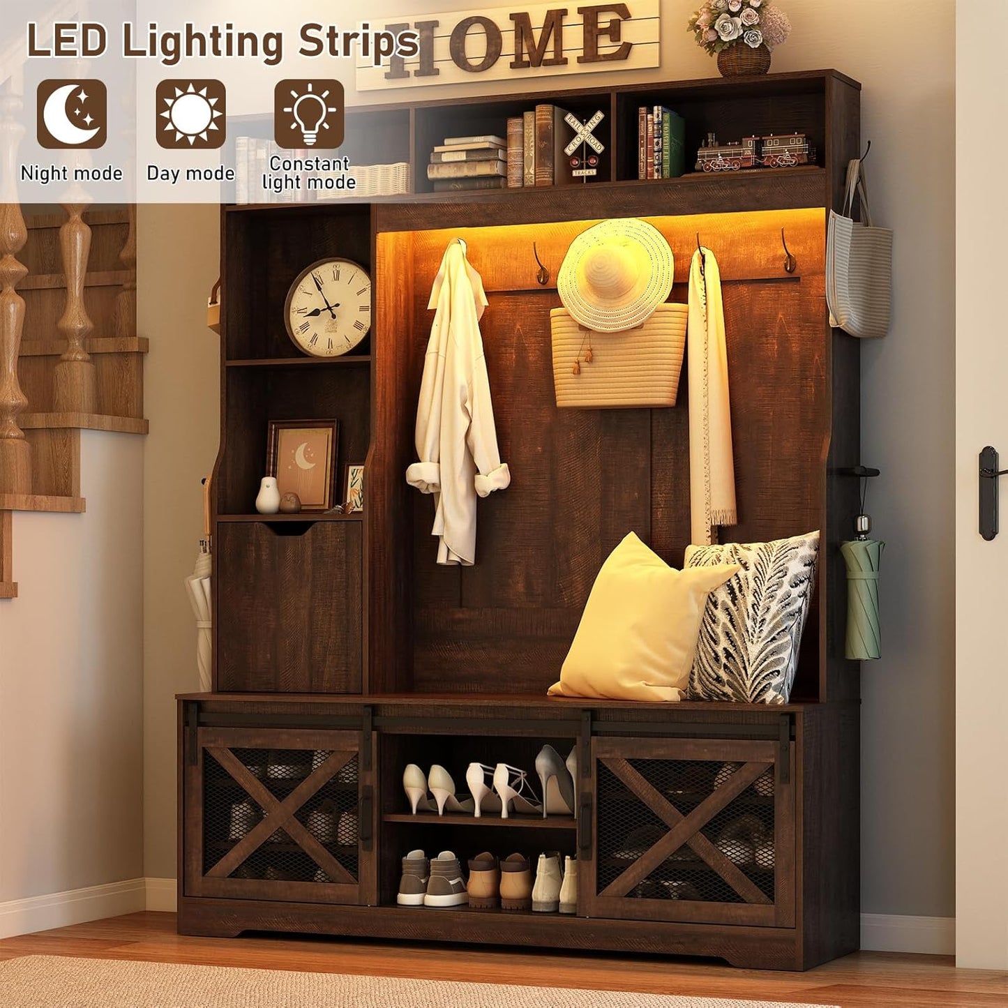 75''H LED Farmhouse Hall Tree with Bench and Shoe Storage,Entryway Bench with Coat Rack,16 Shoe Cubbies & Umbrella Holder and Sock Storage Drawer,Mudroom/Hallway Storages Cabinet(Brown)