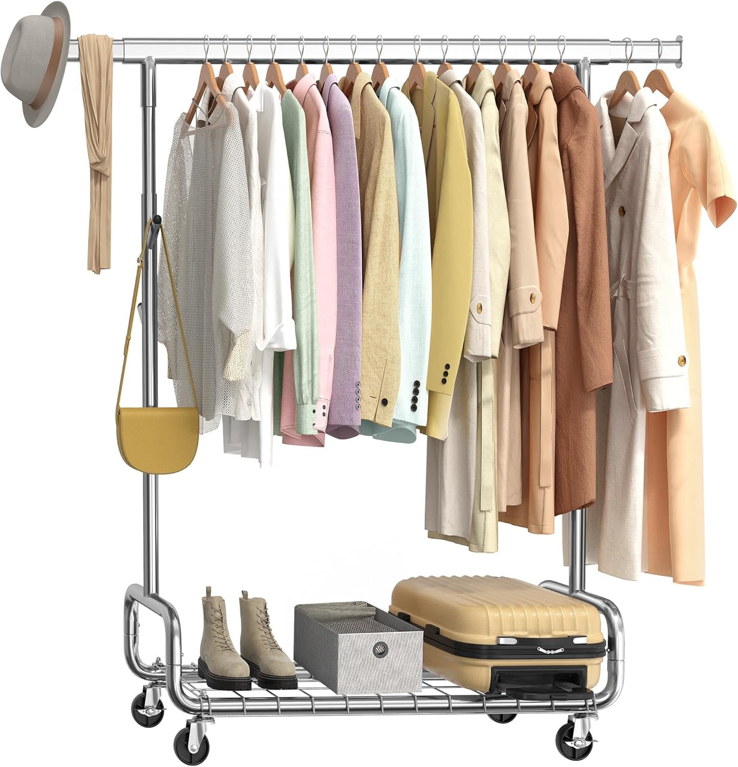 Clothes Rack, Heavy-Duty Rolling Clothing Garment Rack with Wheels, Extendable Double Hanging Rods and Adjustable Height, Portable, with Shelf and Hooks, Ink Black UHSR015B01