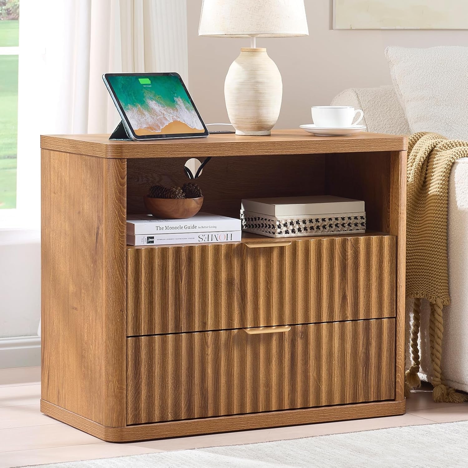 31" Wide Fluted Nightstand Set of 2 with Charging Station, Oversized Extra Large 2 Drawers Night Stand,Brown Wood Bedside Table,Tall End Tables,Modern Chest of Drawers Dressers for Bedroom