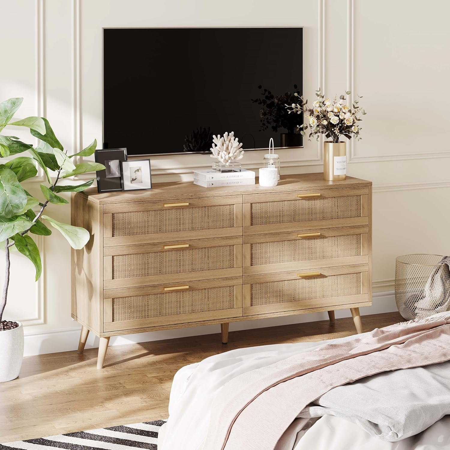 6 Drawer Double Dresser for Bedroom, Rattan Chest of Dressers, Modern Wooden Dresser Chest with Golden Handles, beside Table for Closet, Living Room and Entryway, Natural
