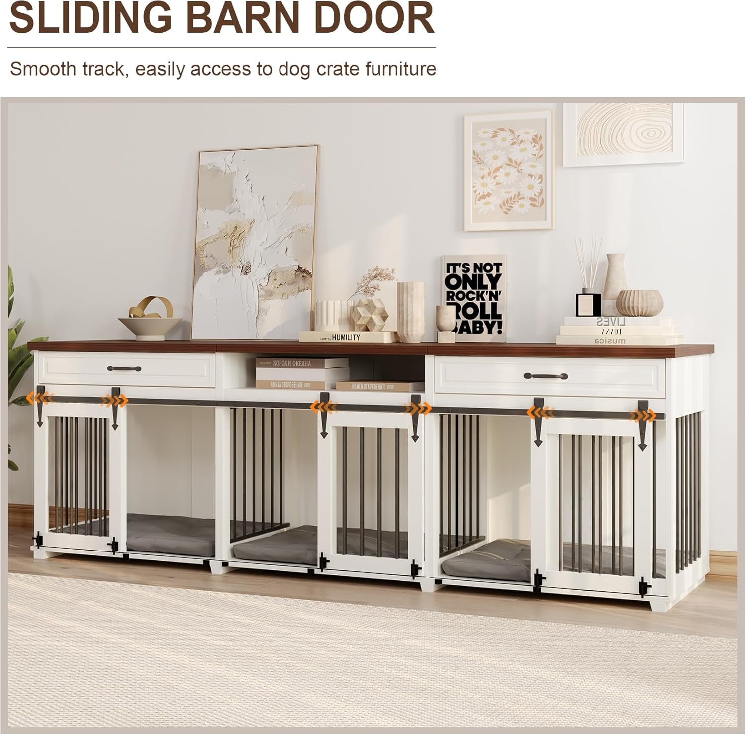 Dog Crate Furniture - Indoor Wooden Farmhouse Large Dog Kennel Fureniture for 3 Dogs, with Sliding Barn Doors, 2 Drawers & 1 Shelf, 95" Lx23.6 Wx31.5 H, White