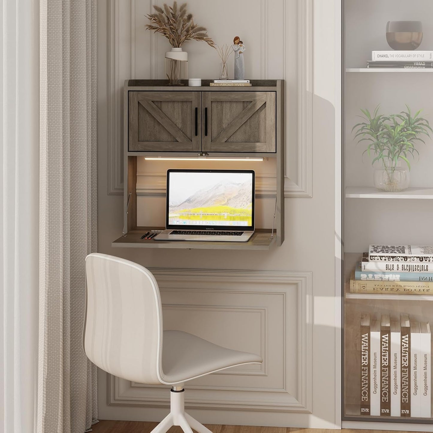 Wall Mounted Desk with LED Light Farmhouse Multifunctional Fold down Laptop Computer Table Writing Workstation with Storage Compartments Space Saving for Home Office, Gray