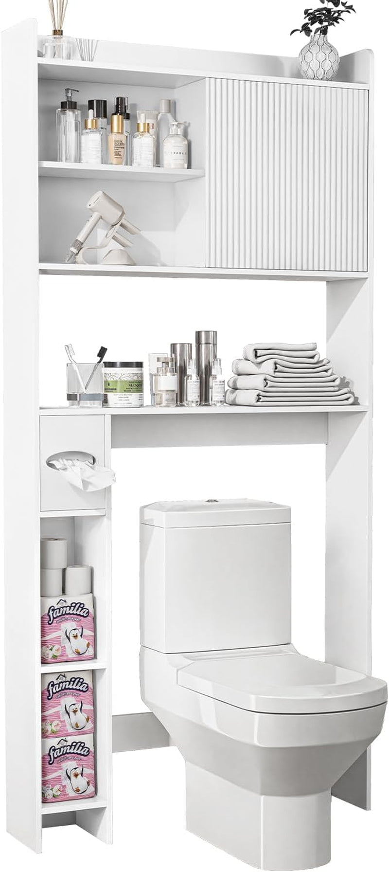 31.5" W over the Toilet Storage Cabinet with Sliding Door, Bathroom above Toilet Storage Cabinet with Adjustable Shelves, Toilet Paper Holder, Space Saver Cabinet for Bathroom, White