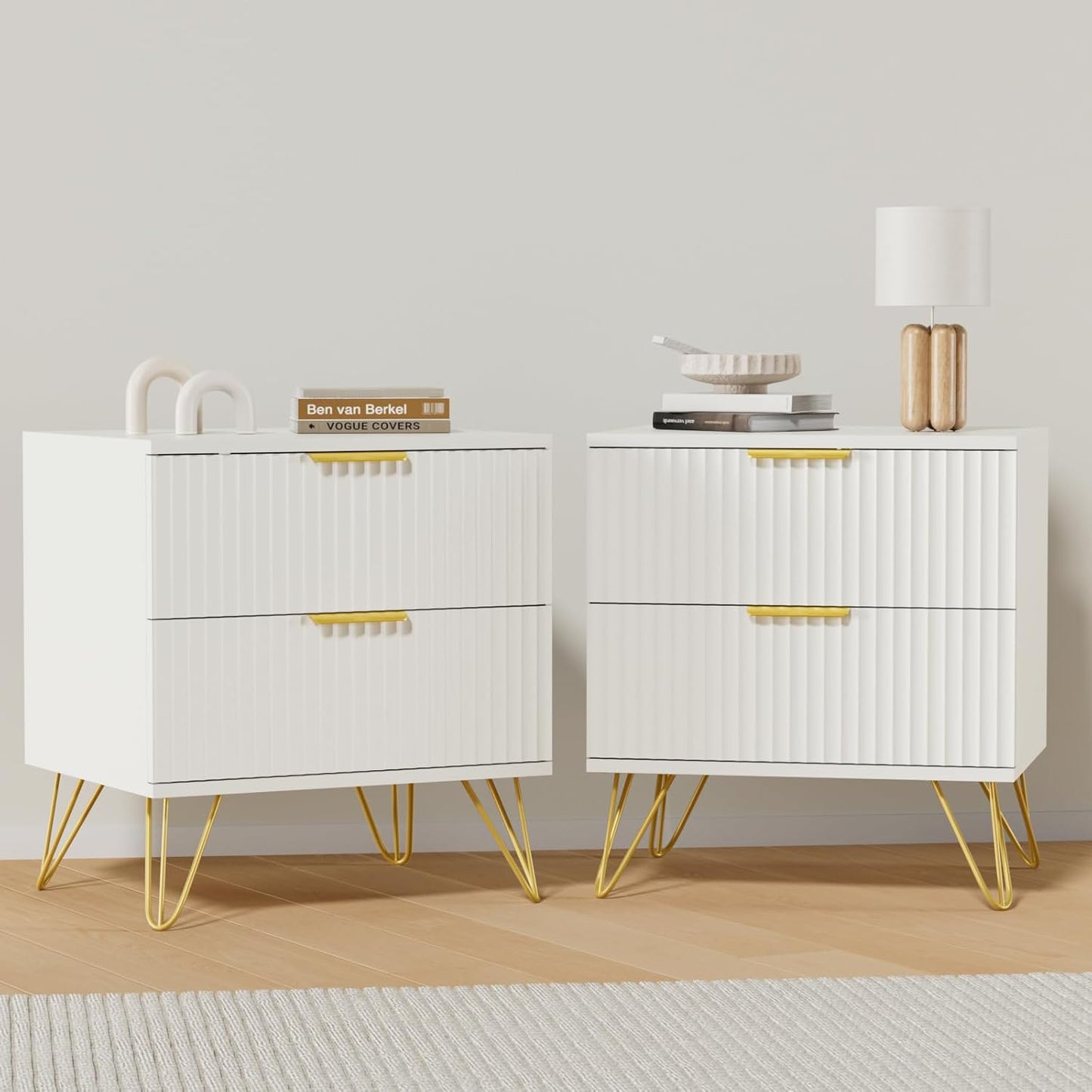 White Nightstand Set of 2, Modern Night Stand Bedside Table with 2 Storage Drawer, Bed Side End Table with Golden Handles and Legs for Bedroom, White