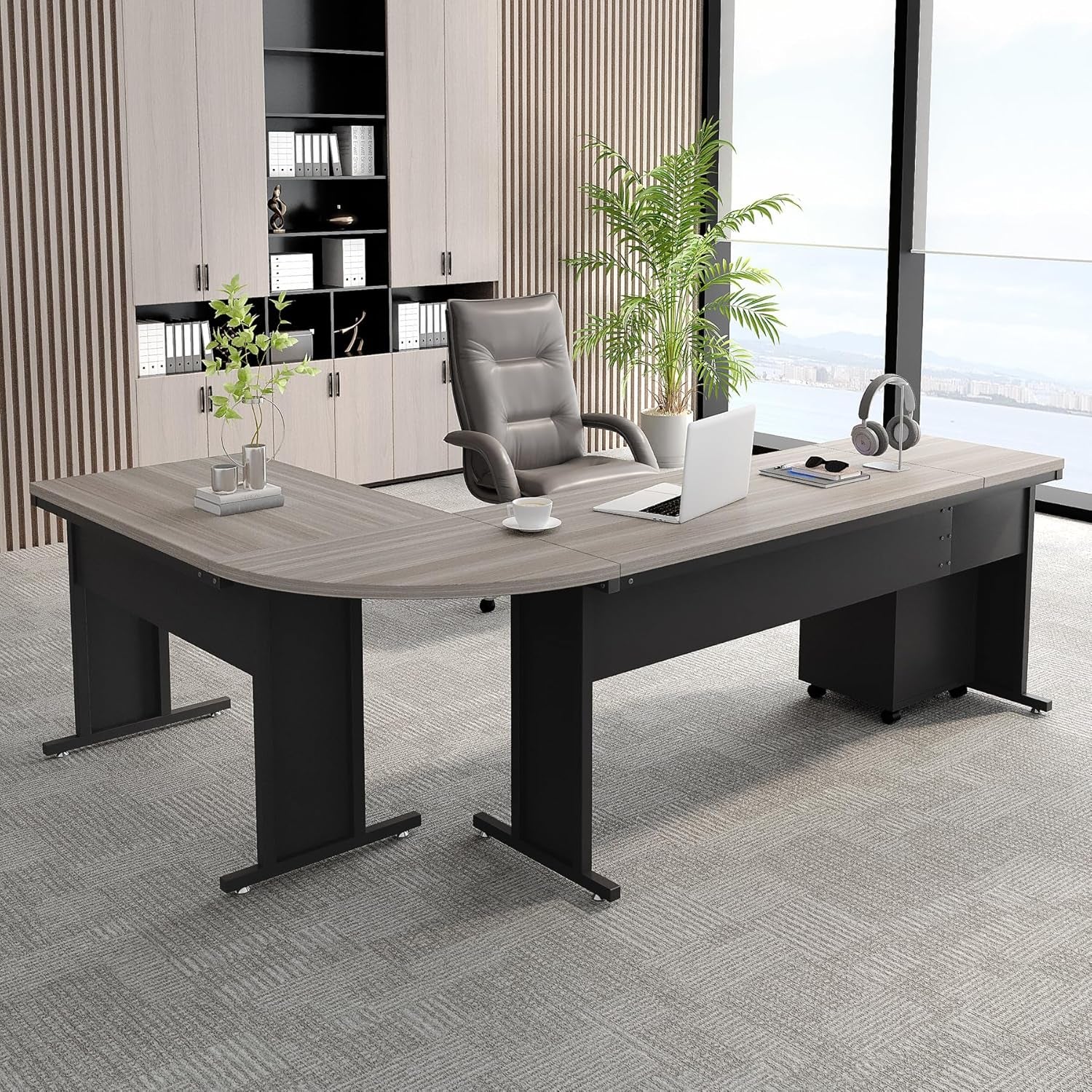83" L-Shaped Executive Desk, Large Office Desk with Drawes, Industrial Corner Computer Table with File Cabinet, Business Workstation for Home Office (Gray, 83")