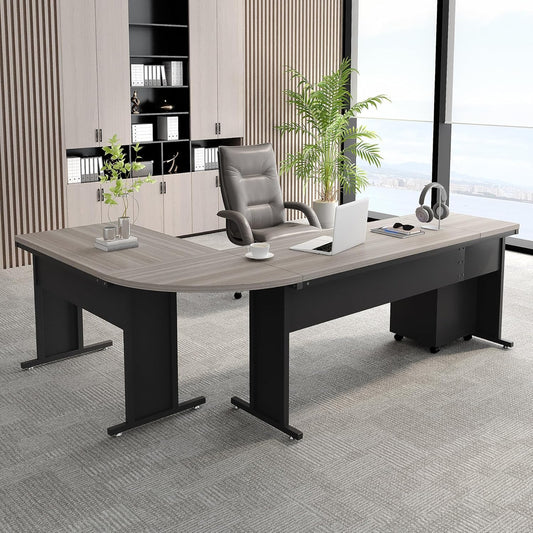 83" L-Shaped Executive Desk, Large Office Desk with Drawes, Industrial Corner Computer Table with File Cabinet, Business Workstation for Home Office (Gray, 83")