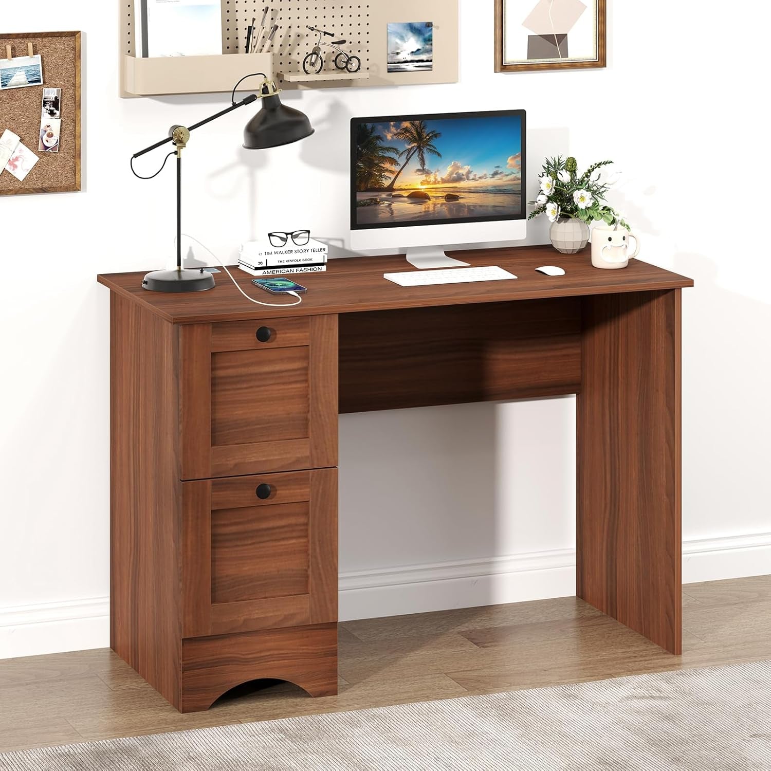 Computer Desk with 2 Storage Drawers, Study Table with Power Outlet, Laptop PC Desk with Storage, Work Table for Small Spaces, Workstation for Home & Office, Walnut