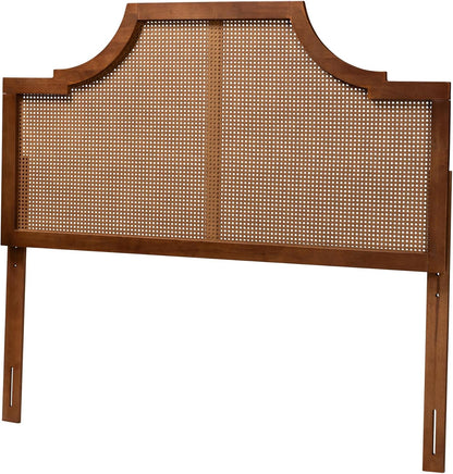 Risha Mid-Century Modern Ash Walnut Finished Wood and Rattan King Size Headboard