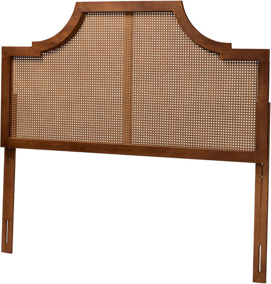 Risha Mid-Century Modern Ash Walnut Finished Wood and Rattan King Size Headboard