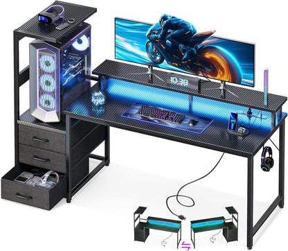 59 Inch Gaming Desk with USB Charging Ports & LED Light - Reversible Computer Desk with 3 Fabric Drawers, Monitor Stand, CPU Stand, and Side Hook, Modern Office Desk, Black