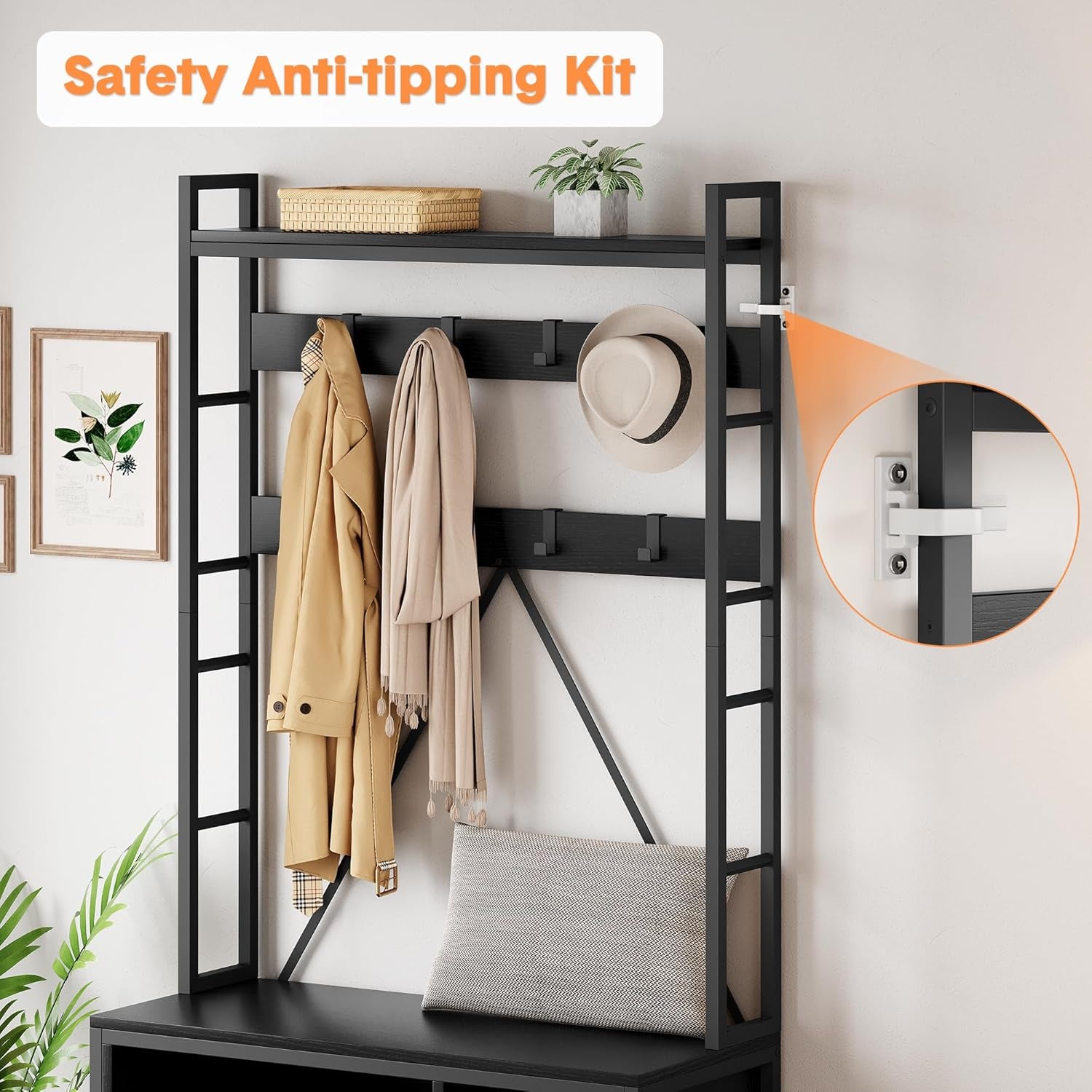 Hall Tree with Bench and Coat Rack, 36.41" Entryway Shoe Bench with 17 Hooks, Drawers and Top Shelf, 5-In-1 Freestanding Storage Organizer for Entryway, Mudroom, Black