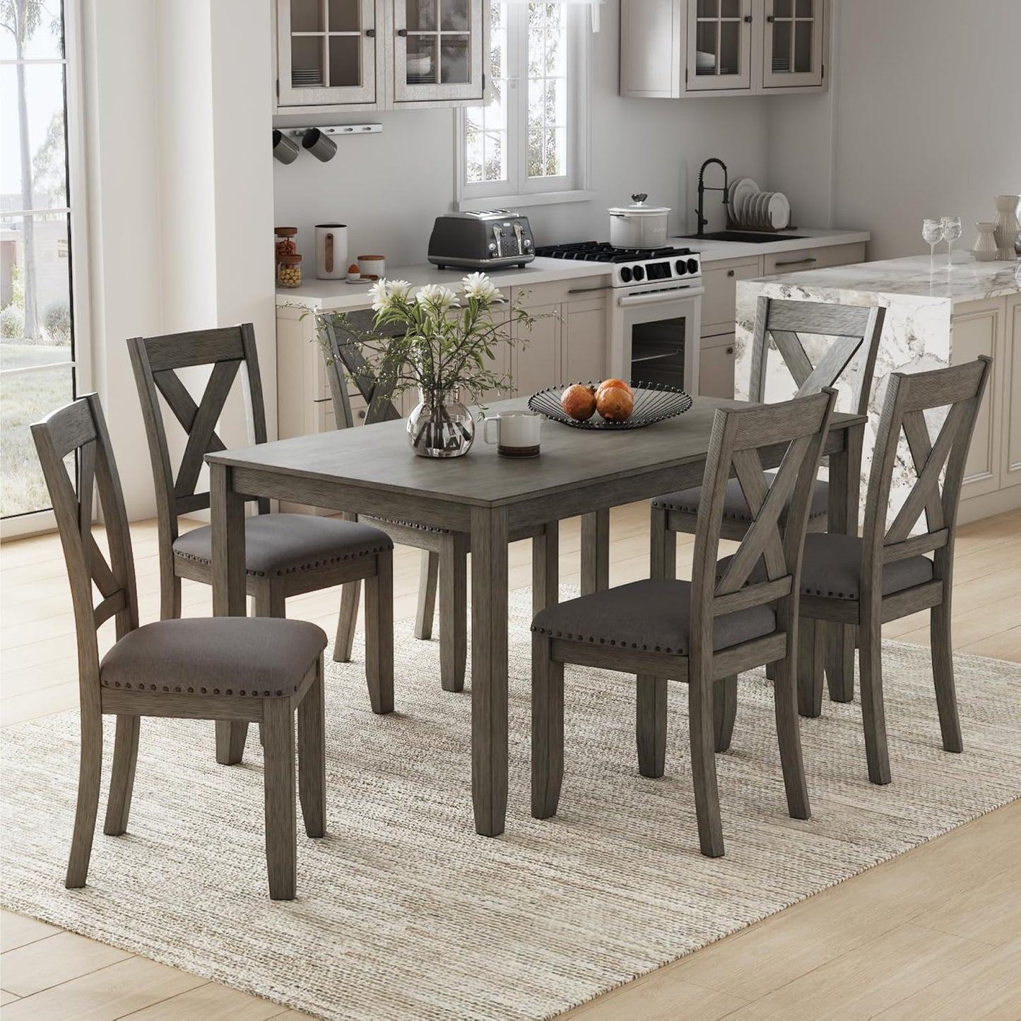 Caitbrook Rustic 7 Piece Dining Set, Include Table and 6 Chairs, Gray