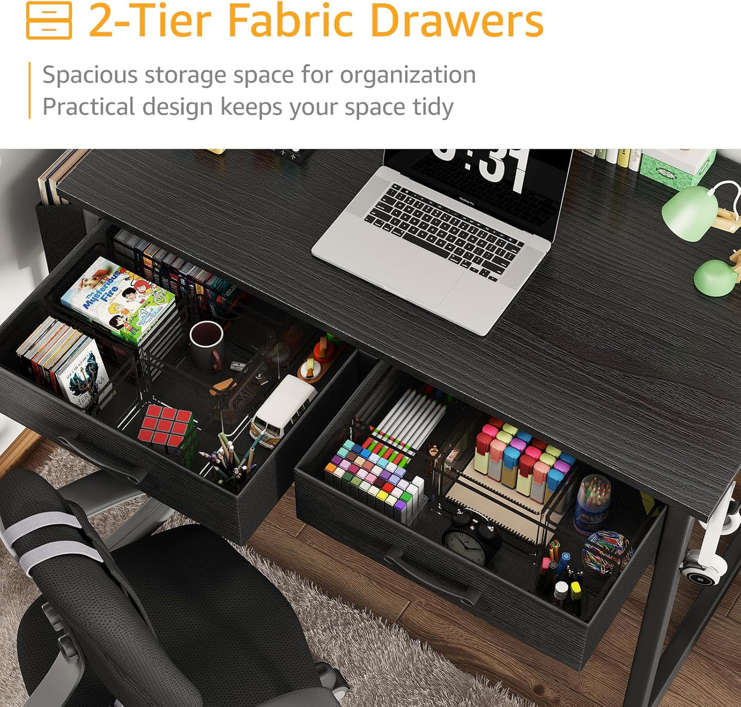 Small Desk with Fabric Drawers for Bedroom, 32 Inch Gaming Desk with 2 Drawers for Small Space, Study Writing Table PC Desks, Black