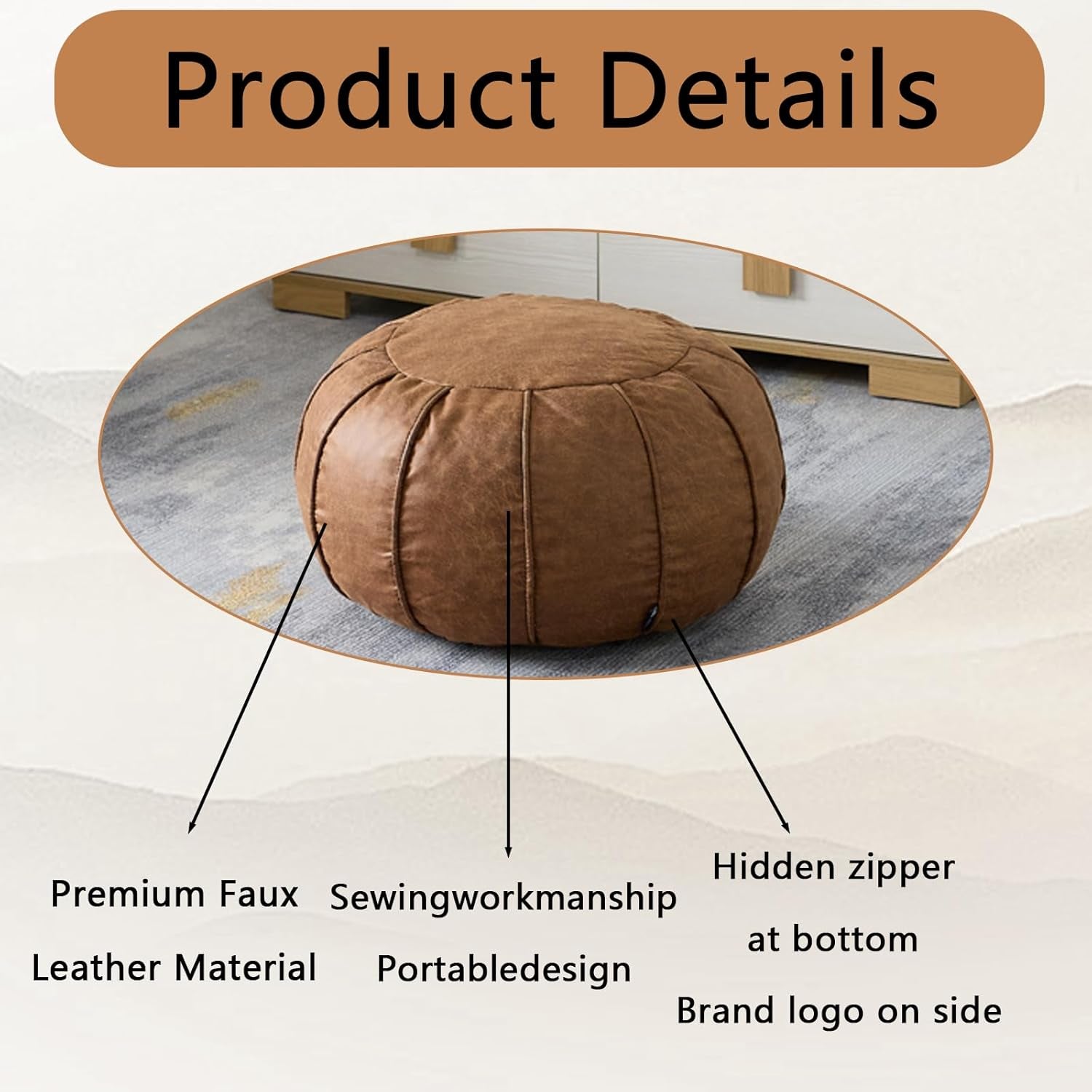 Unstuffed Moroccan Ottoman Pouf Cover, Waterproof Handmade Faux Decor Storage Solution, Footstool Pouffe Cover Replacement Balcony Indoor 21Dia Chestnut Brown, ONLY Cover