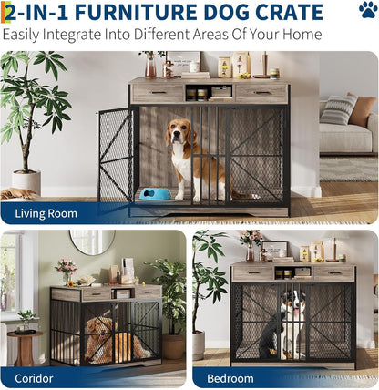 44 Inch Large Dog Crate Furniture, Multi-Functional Dog Cage Table with 2 Drawers and an Open Compartment, Heavy Duty Wooden Dog Crate TV Stand for Indoor Use