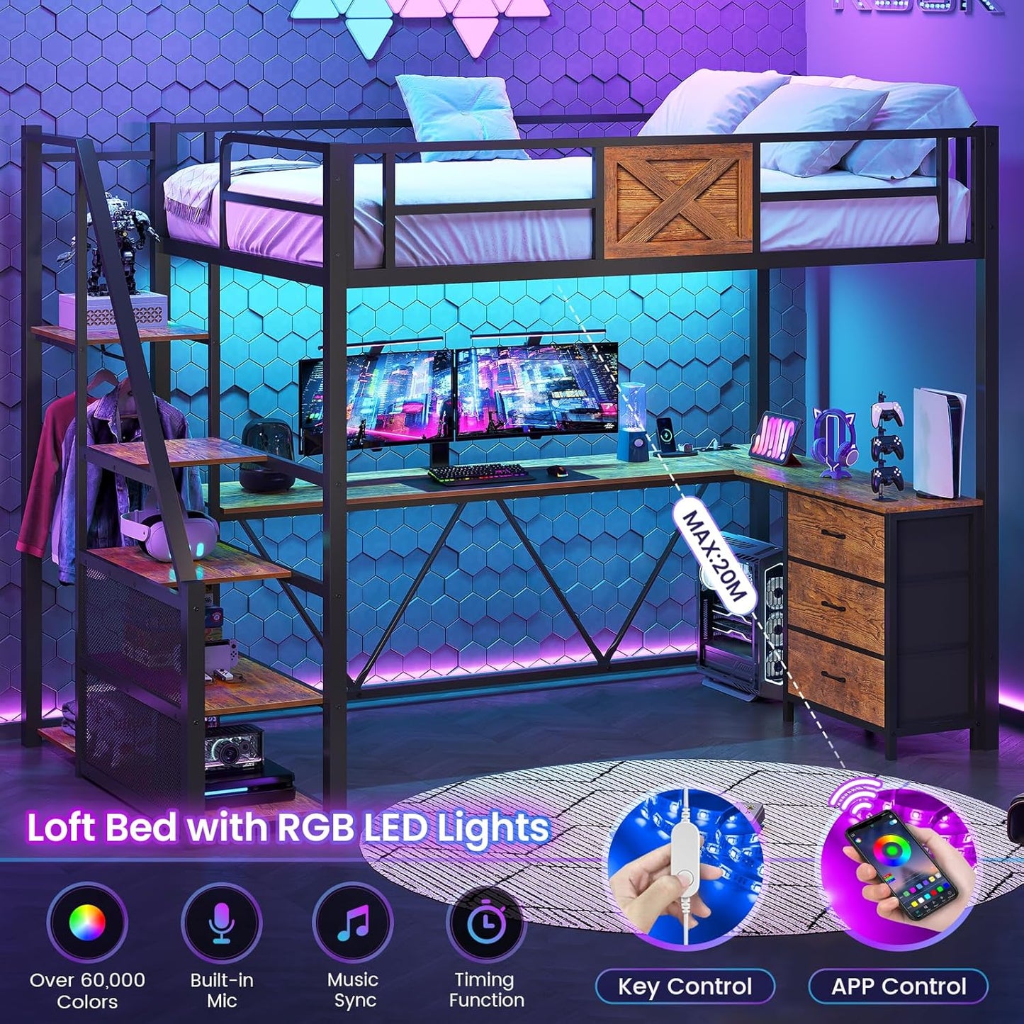 Stairway Twin Size Loft Bed with L Shaped Desk and Wardrobe, Metal Loft Bed Frame with Storage Stairs, 3 Fabric Drawers, LED Lights & Charging Sation, Rustic Brown