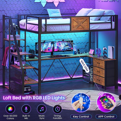 Stairway Twin Size Loft Bed with L Shaped Desk and Wardrobe, Metal Loft Bed Frame with Storage Stairs, 3 Fabric Drawers, LED Lights & Charging Sation, Rustic Brown