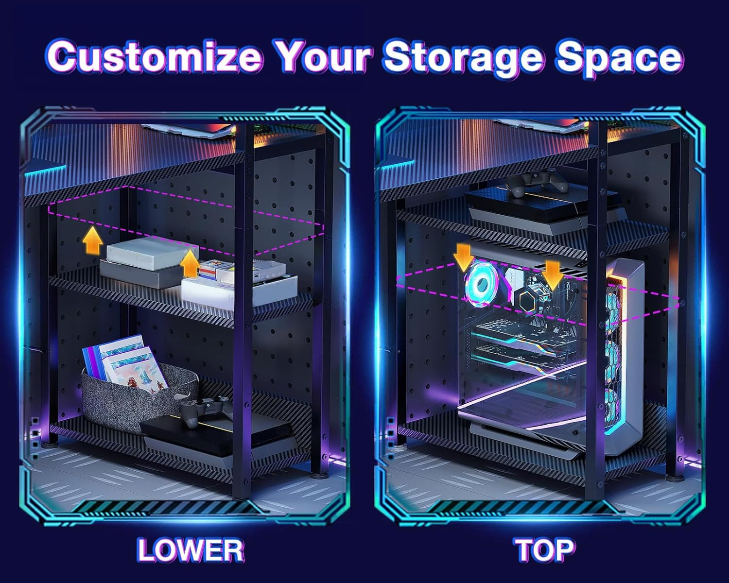 Reversible Gaming Desk LED Lights, 40 Inch Computer Desk with Storage Shelves & Monitor Stand, Study Table for Home Office, Small Space Bedroom, Carbon Fiber Black