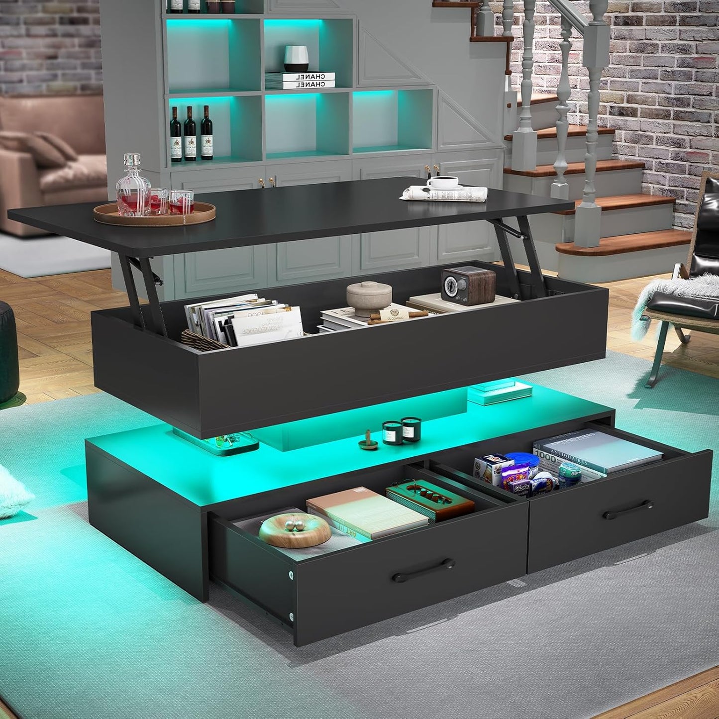40" Lift Top Coffee Table, Coffee Tables with Storage for Living Room, Small Coffee Table with 2 Drawers & LED Light for Dining Reception Room, Black