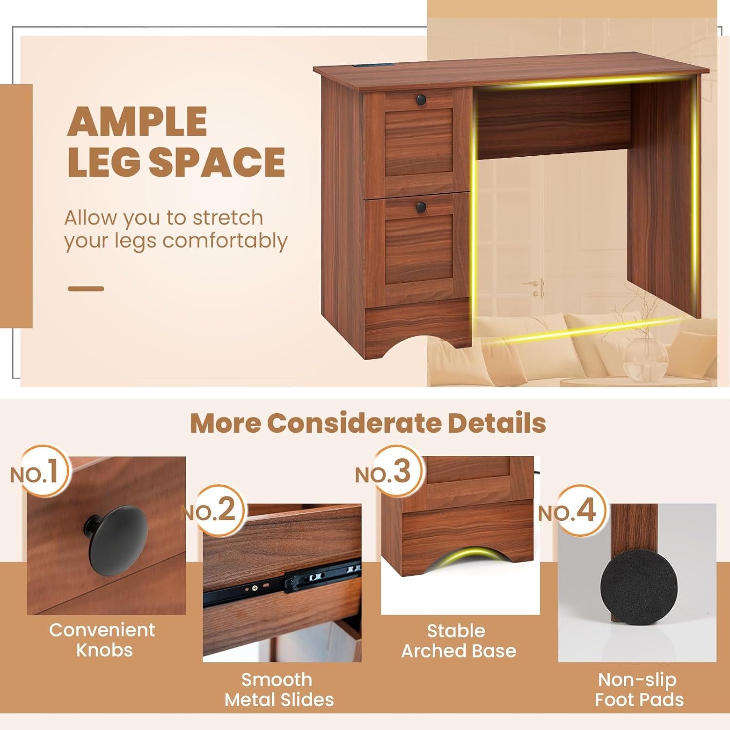 Computer Desk with 2 Storage Drawers, Study Table with Power Outlet, Laptop PC Desk with Storage, Work Table for Small Spaces, Workstation for Home & Office, Walnut
