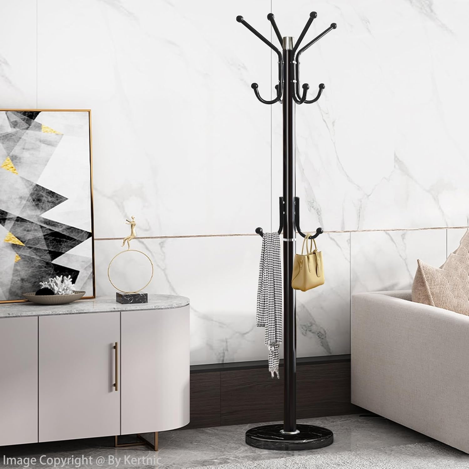 Modern Coat Rack Freestanding with Natural Marble Base & Sturdy Metal Frame, 11 Hooks Hall Tree for Jackets, Hats, Bags, Entryway Organizer for Bedroom, Living Room, Closet (Black)