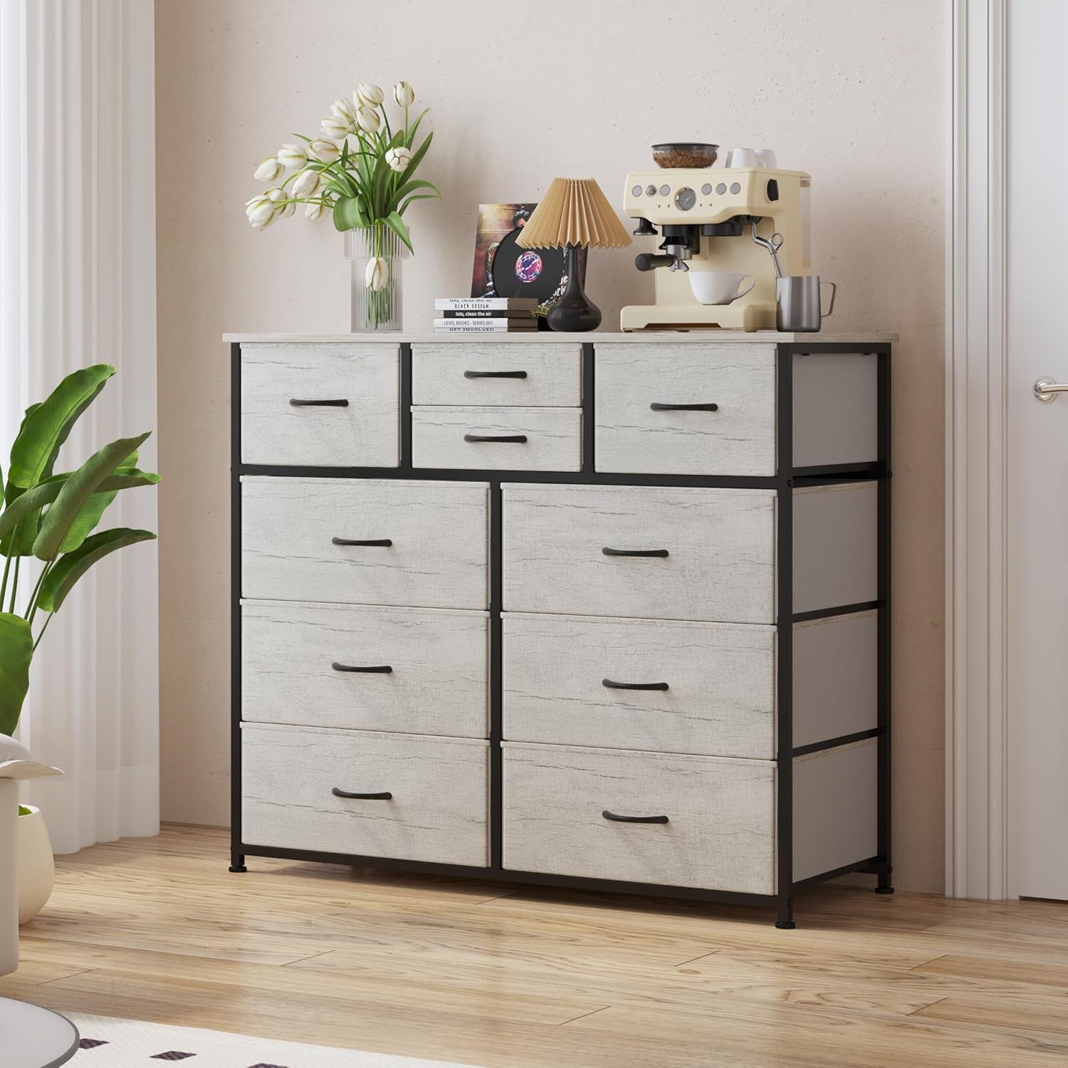10-Drawer Dresser, Fabric Storage Dresser Drawers for Bedroom, Hallway, Nursery, Closets, Steel Frame, Wood Top, Easy Pull Handle (Greige)