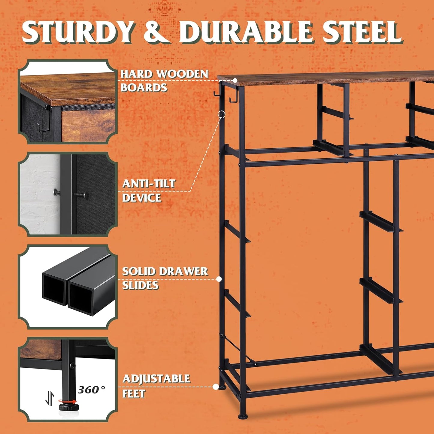 Fabric Dresser for Bedroom with 10 Drawers, Chest of Drawers with Side Pockets and Hooks, Sturdy Metal Frame, Drawers Organizer Unit for Living Room, Hallway, Rustic Brown Wood Grain Print