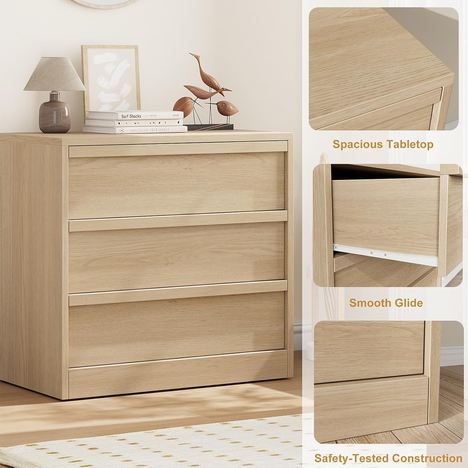 3 Drawer Dresser for Bedroom, Natural Oak Nightstand 3 Chest of Drawers with Large Storage, Small Modern Bedside End Table for Living Room, Nursery, Entryway