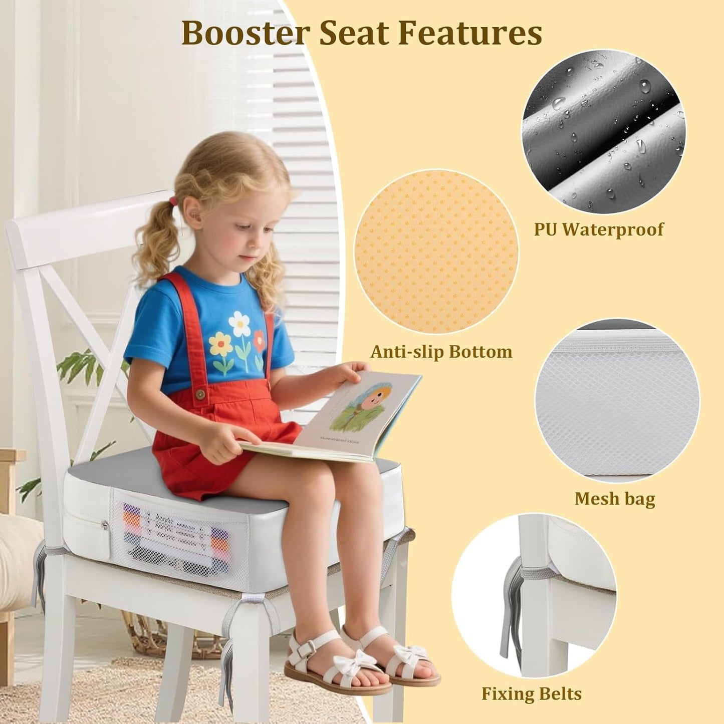Booster Seat for Kitchen Chair - 4-Point Anchor 3.8" Lift Toddler Booster Seat for Dining Table with Side Pockets, Non-Slip & Portable Dining Cushion for Kids (Grey)