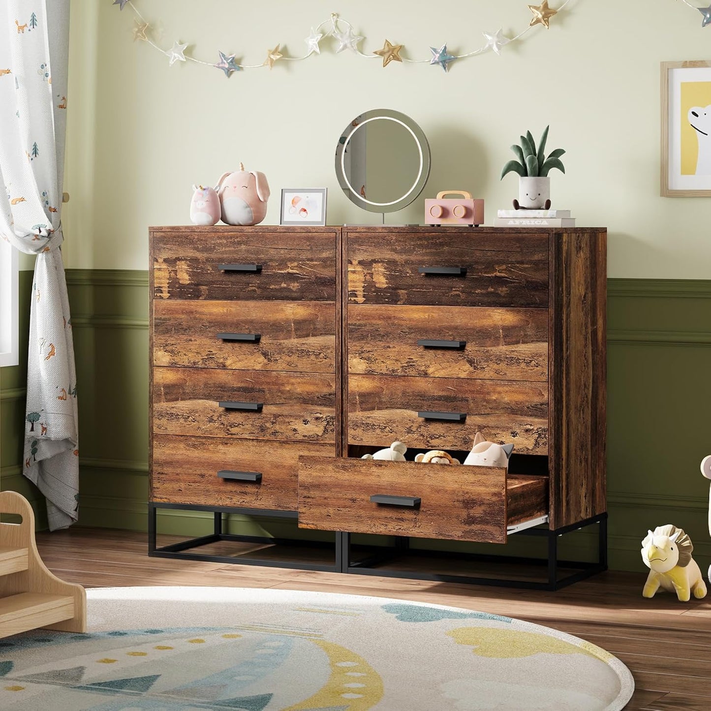 Wood Dresser for Bedroom with 4 Drawers, Tall Dresser with Sturdy Metal Frame, Wooden Chest of Drawers for Hallway, Living Room, Closet, Brown Oak