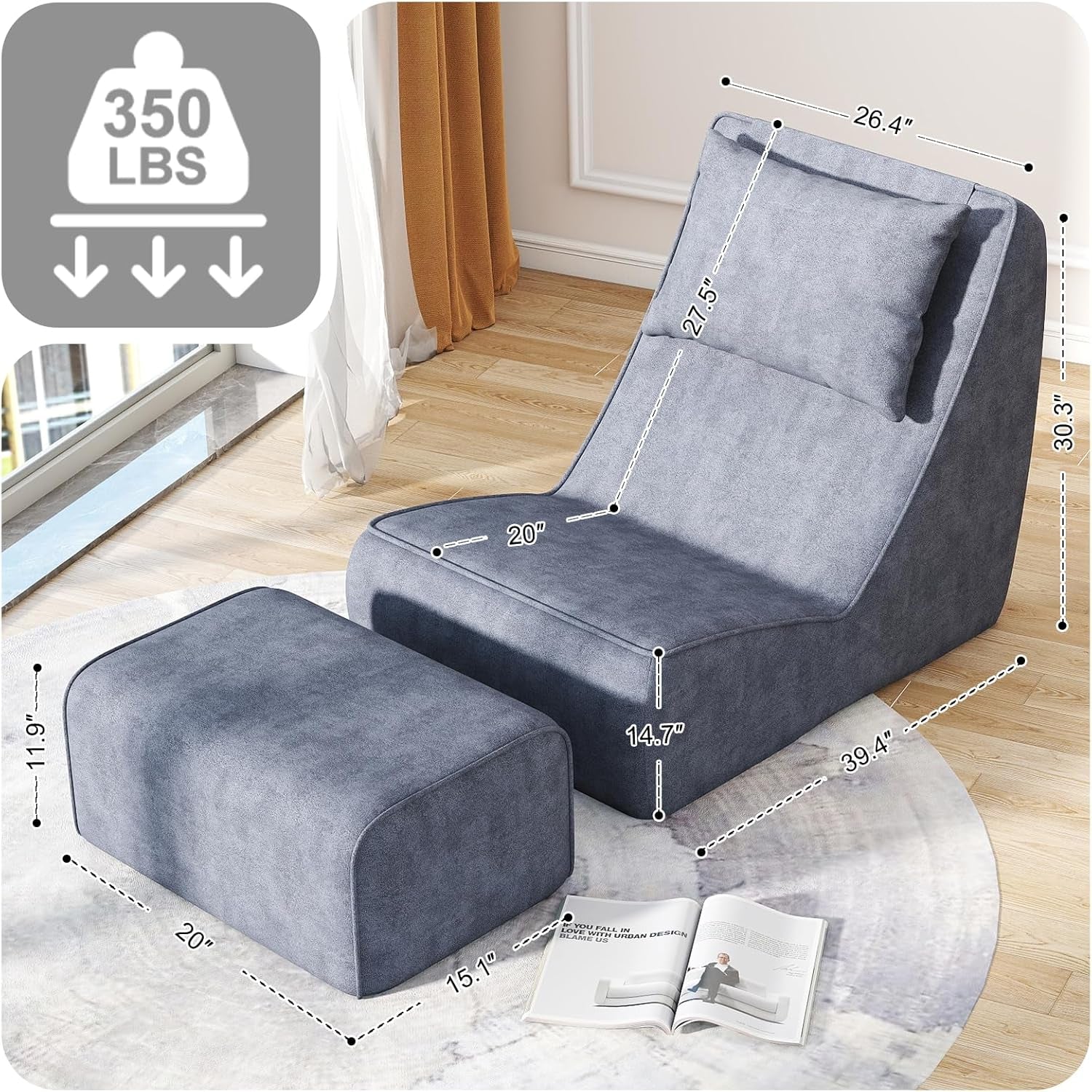 Giant Bean Bag Chair for Adults - Indoor Chaise Lounge with Neck Pillow & Ottoman, All-In-One Sponge Design, Comfy Floor Chair for Reading, Gaming, Napping, and Movies (Slategray)