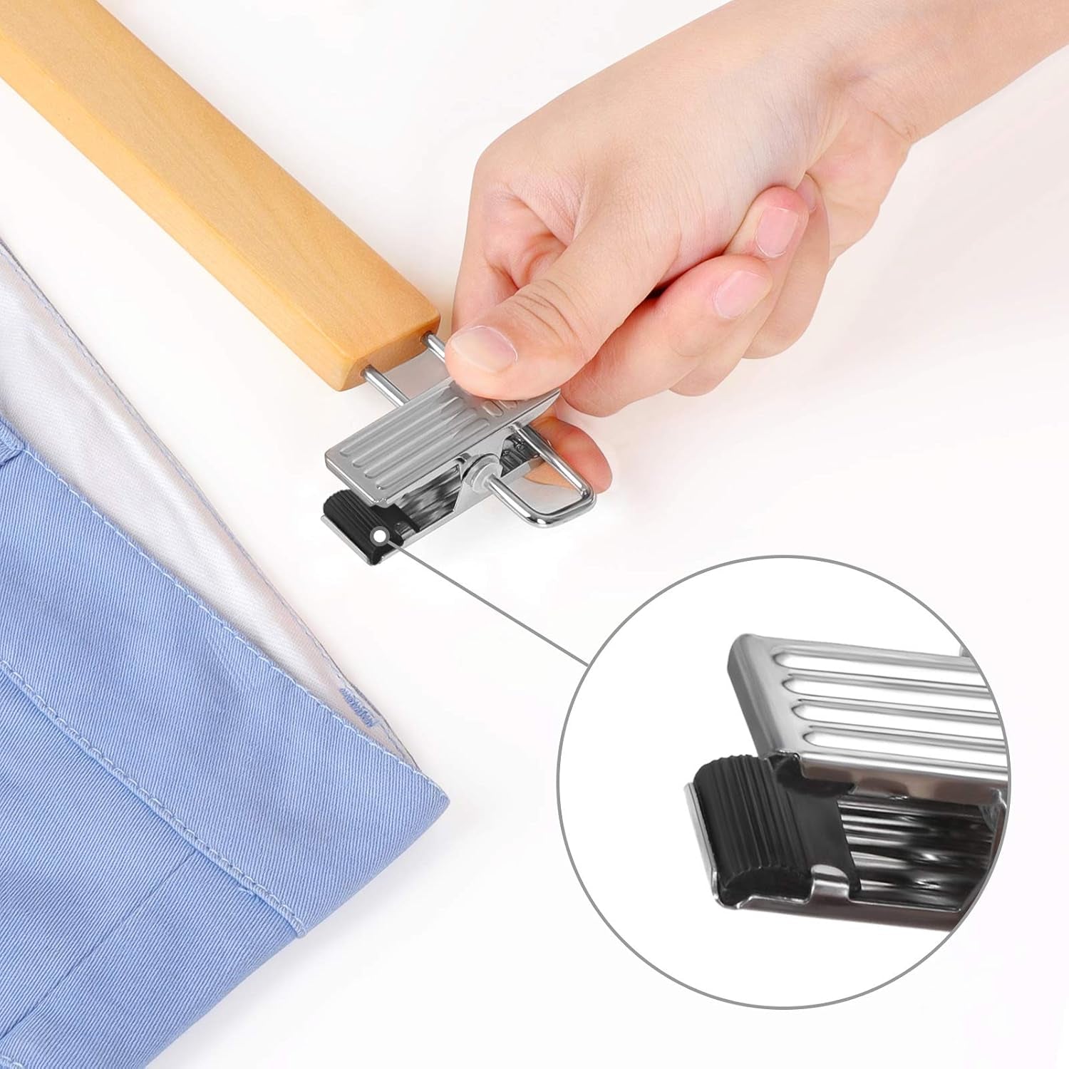 Wooden Pants Hangers 12 Pack, Pants Hangers with Clips, Adjustable Anti-Rust Metal Clips, 360° Swivel Hook, Skirt Hangers for Pant, Skirts, Natural Grain UCRW008-12