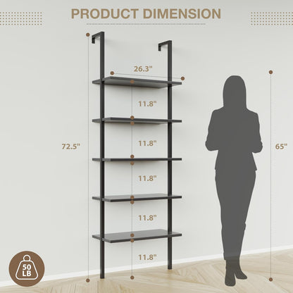 5-Tier Bookshelf, Wall Mount Ladder Shelf with Wood Board and Industrial Metal Frame, for Home Office, Living Room, Bedroom, Entryway and Hallway, (1, Black)
