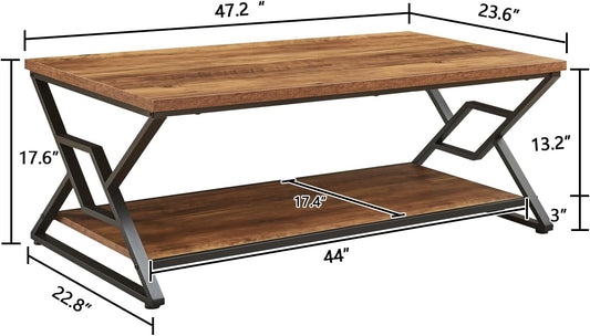 Coffee Table, Rustic Rectangle Coffee Table with 2-Tier Storage, Engineered Wood Center Table with Open Shelves, Minimalist Coffee Table for Living Room, 47 Inch, Oak Brown