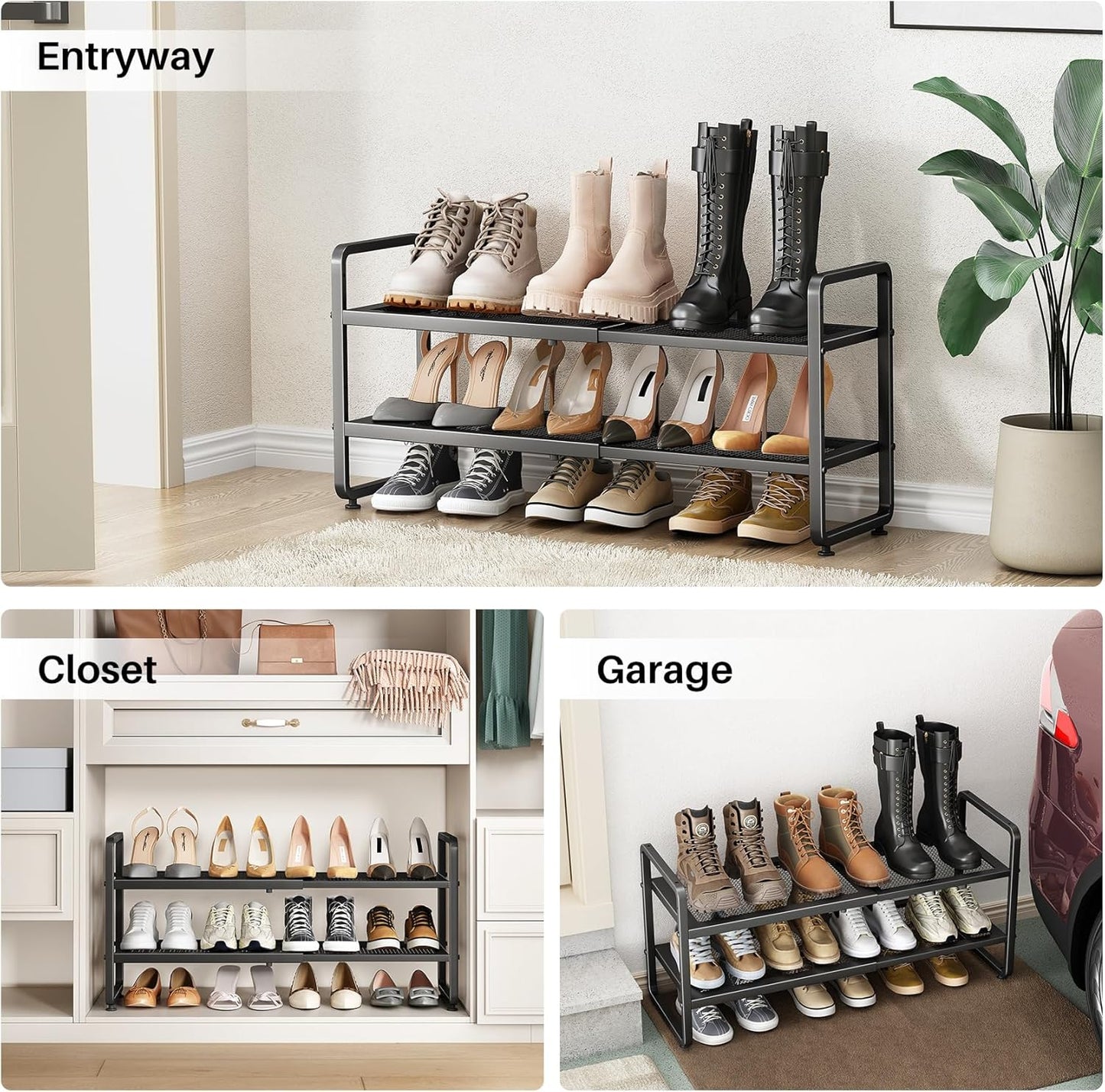 Shoe Rack - Expandable Shoe Organizer for Closet, Adjustable Metal Shoe Shelf Storage, Stackable Long Shoe Stand Holder for Garage, Entryway, Door Entrance (Black, 2-Tier)