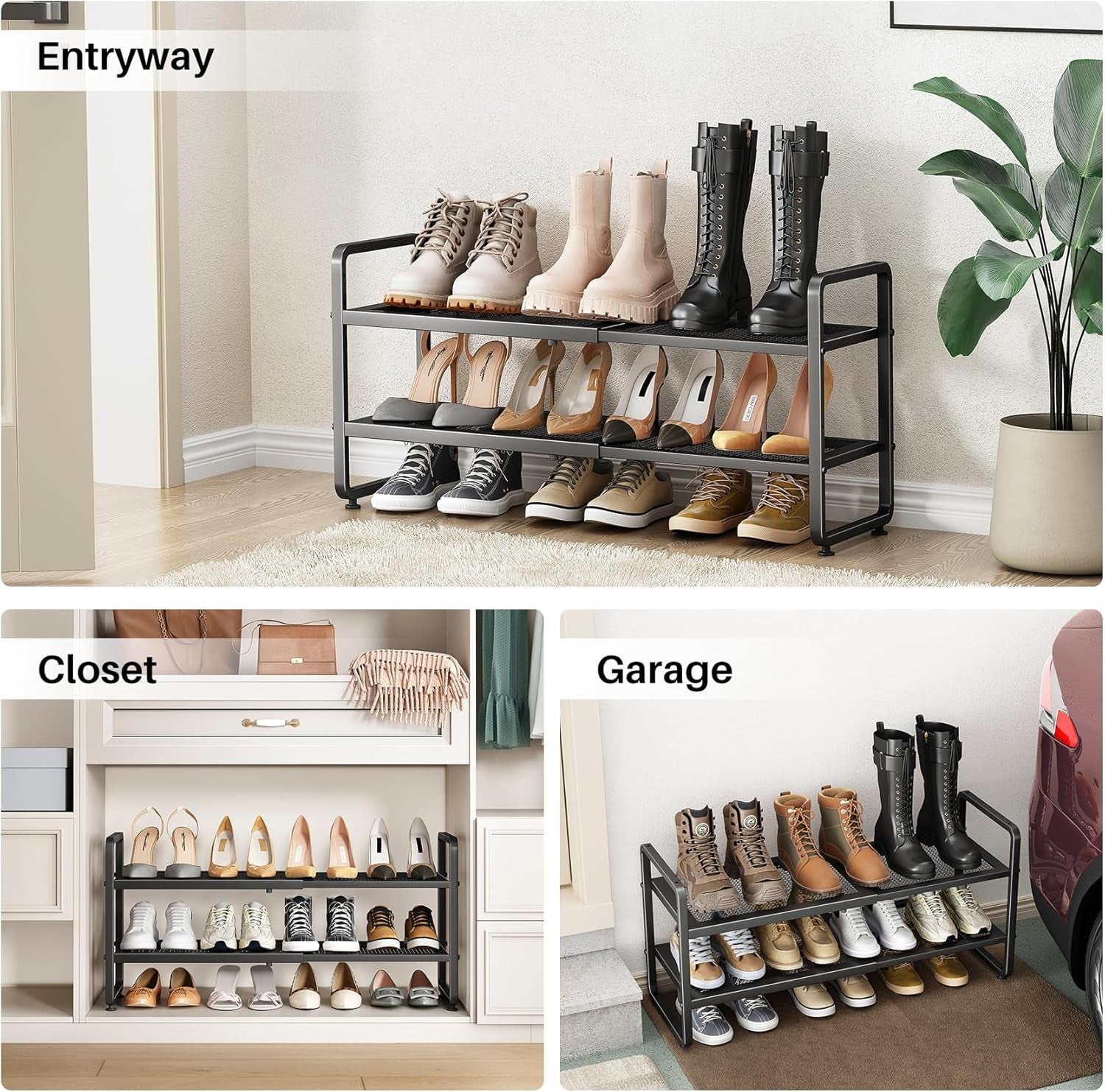 Shoe Rack - Expandable Shoe Organizer for Closet, Adjustable Metal Shoe Shelf Storage, Stackable Long Shoe Stand Holder for Garage, Entryway, Door Entrance (Black, 2-Tier)