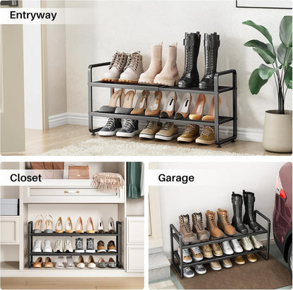 Shoe Rack - Expandable Shoe Organizer for Closet, Adjustable Metal Shoe Shelf Storage, Stackable Long Shoe Stand Holder for Garage, Entryway, Door Entrance (Black, 2-Tier)