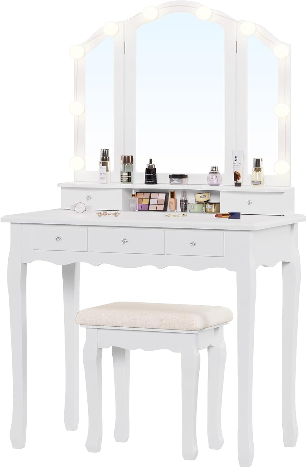 Vanity Table Set with Lighted Tri-Folding Mirror, Makeup Vanity with Lights & 3 Color Lighting Modes, Vanity Desk with Mirror and Cushioned Stool, Makeup Table with 5 Drawers, White